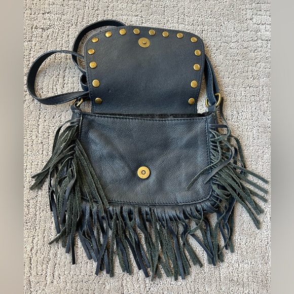 Borse in Pelle Genuine Italian Leather Navy Blue Fringe Boho Crossbody - Picture 5 of 9